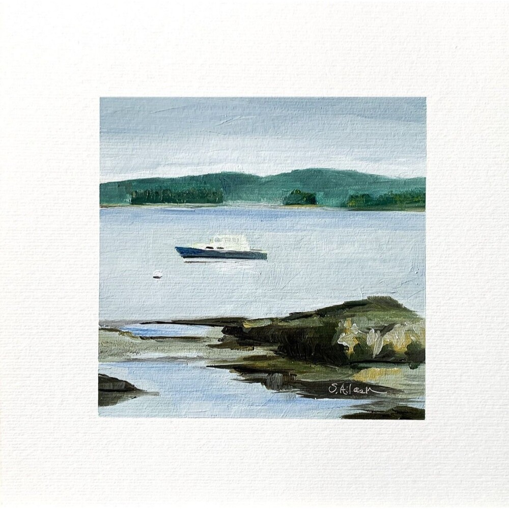 8x8 Maine Original Oil Painting Sailboat New England Harbor Coastal Art Signed